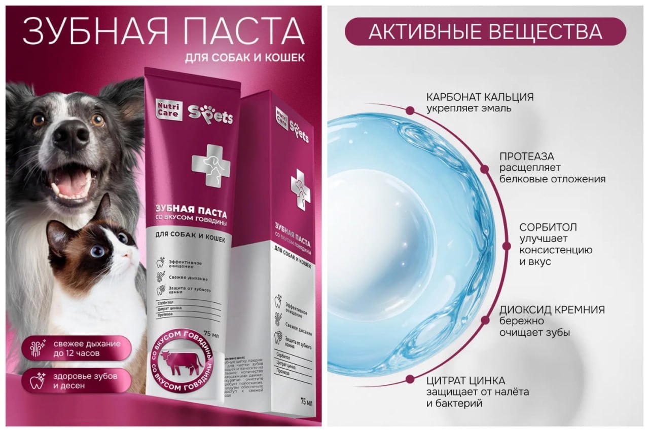 Зубная паста для собак и кошек со вкусом говядины, 75 мл